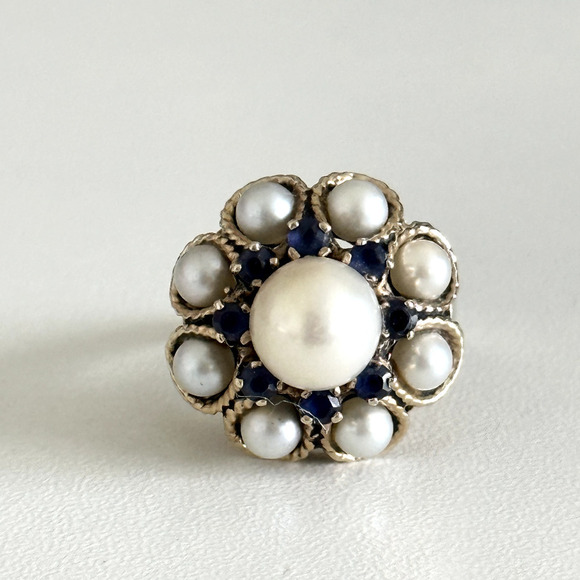 Vintage 14K Yellow Gold Pearl & Sapphire Ladies Statement Band Ring Size 5.75 - Picture 2 of 16